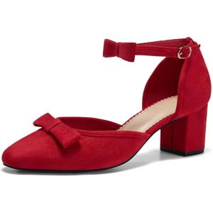 Coutgo Womens Chunky Low Heels Bow Closed Toe Ankle Strap Pumps Elegant Wedding Party Dress Shoes(Red)