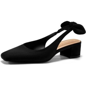 Coutgo Womens Chunky Low Heels Bow Slingback Pumps Closed Square Toe Wedding Party Dress Shoes(Black)