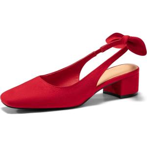 Coutgo Womens Chunky Low Heels Bow Slingback Pumps Closed Square Toe Wedding Party Dress Shoes(Red)