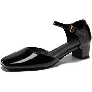 Coutgo Womens Chunky Low Heels Dress Shoes Ankle Buckle Strap Square Toe D’Orsay Pumps Work Party Shoes(Black)
