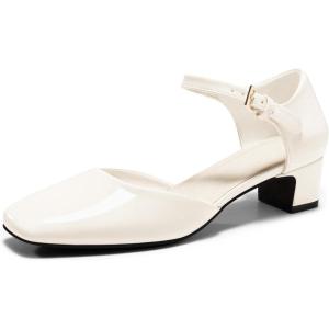 Coutgo Womens Chunky Low Heels Dress Shoes Ankle Buckle Strap Square Toe D’Orsay Pumps Work Party Shoes(Creamy-white)