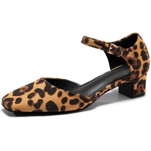 Coutgo Womens Chunky Low Heels Dress Shoes Ankle Buckle Strap Square Toe D’Orsay Pumps Work Party Shoes(Leopard)