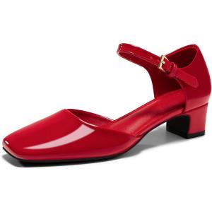 Coutgo Womens Chunky Low Heels Dress Shoes Ankle Buckle Strap Square Toe D’Orsay Pumps Work Party Shoes(Red)