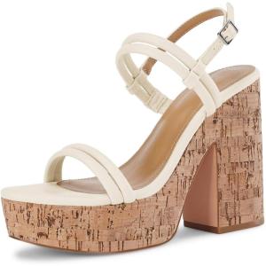 Coutgo Womens Cork Wedge Sandals Heels Open Toe High Heel Platform Slingback Ankle Strap Buckle Summer Dressy Shoes(Beige)