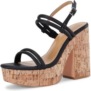 Coutgo Womens Cork Wedge Sandals Heels Open Toe High Heel Platform Slingback Ankle Strap Buckle Summer Dressy Shoes(Black)