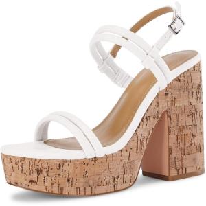 Coutgo Womens Cork Wedge Sandals Heels Open Toe High Heel Platform Slingback Ankle Strap Buckle Summer Dressy Shoes(White)