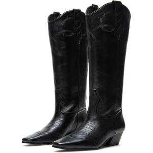 Coutgo Womens Cowboy Western Boots with Embroidered Square Toe Chunky Heel Mid Calf Boots Fall Winter Shoes(Black)