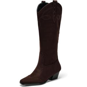 Coutgo Womens Cowboy Western Boots with Embroidered Square Toe Chunky Heel Mid Calf Boots Fall Winter Shoes(Chocolate)