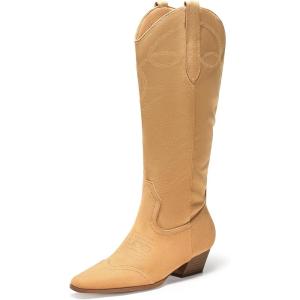 Coutgo Womens Cowboy Western Boots with Embroidered Square Toe Chunky Heel Mid Calf Boots Fall Winter Shoes(Khaki)