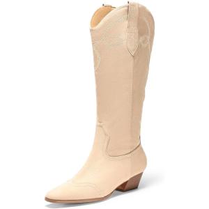 Coutgo Womens Cowboy Western Boots with Embroidered Square Toe Chunky Heel Mid Calf Boots Fall Winter Shoes(Nude)