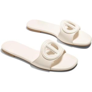 Coutgo Womens Dressy Flat Sandals Open Toe Slip on Leather Summer Beach Slide Sandals(Beige)