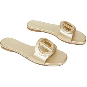 Coutgo Womens Dressy Flat Sandals Open Toe Slip on Leather Summer Beach Slide Sandals(Gold)