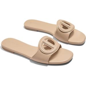 Coutgo Womens Dressy Flat Sandals Open Toe Slip on Leather Summer Beach Slide Sandals(Khaki)