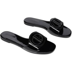Coutgo Womens Dressy Flat Sandals Open Toe Slip on Leather Summer Beach Slide Sandals(Mirror Cool Black)