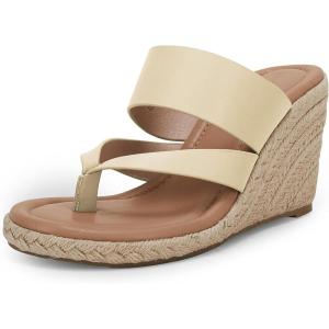 Coutgo Women’s Espadrille Wedge Sandals Platform Thong Leather Strap Slides Backless Slip On Summer Casual Flip Flops(Beige)