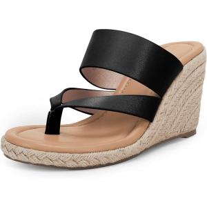 Coutgo Women’s Espadrille Wedge Sandals Platform Thong Leather Strap Slides Backless Slip On Summer Casual Flip Flops(Black)