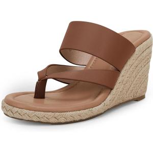 Coutgo Women’s Espadrille Wedge Sandals Platform Thong Leather Strap Slides Backless Slip On Summer Casual Flip Flops(Brown)