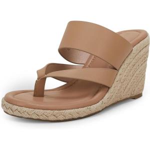 Coutgo Women’s Espadrille Wedge Sandals Platform Thong Leather Strap Slides Backless Slip On Summer Casual Flip Flops(Khaki)