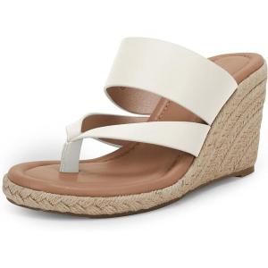 Coutgo Women’s Espadrille Wedge Sandals Platform Thong Leather Strap Slides Backless Slip On Summer Casual Flip Flops(White)