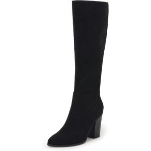 Coutgo Womens Faux Suede Knee High Boots Side Zipper Chunky Heel Stretch Winter Boots(Black)