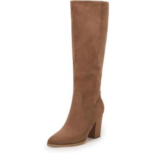 Coutgo Womens Faux Suede Knee High Boots Side Zipper Chunky Heel Stretch Winter Boots(Brown)