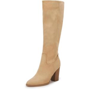 Coutgo Womens Faux Suede Knee High Boots Side Zipper Chunky Heel Stretch Winter Boots(Light Khaki)