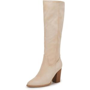 Coutgo Womens Faux Suede Knee High Boots Side Zipper Chunky Heel Stretch Winter Boots(Nude)