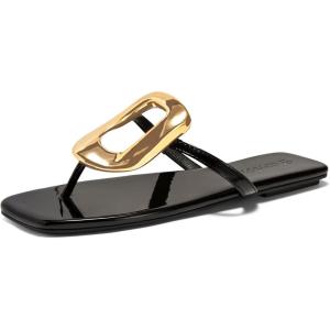 Coutgo Womens Flat Sandals Comfortable Flip Flops Slide Sandals Summer Beach Shoes with Metal Decoration(Black)
