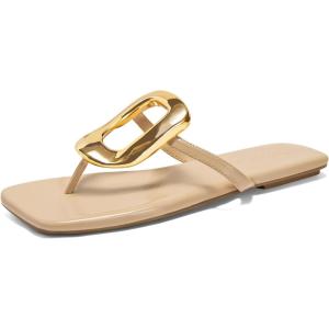 Coutgo Womens Flat Sandals Comfortable Flip Flops Slide Sandals Summer Beach Shoes with Metal Decoration(Light Khaki)