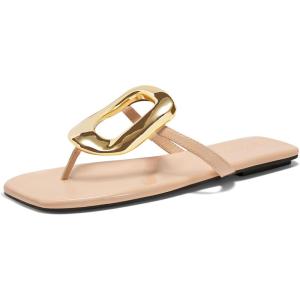 Coutgo Womens Flat Sandals Comfortable Flip Flops Slide Sandals Summer Beach Shoes with Metal Decoration(Nude)