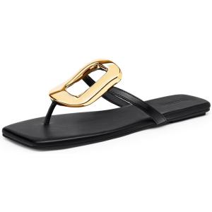 Coutgo Womens Flat Sandals Comfortable Flip Flops Slide Sandals Summer Beach Shoes with Metal Decoration(Polish Black)