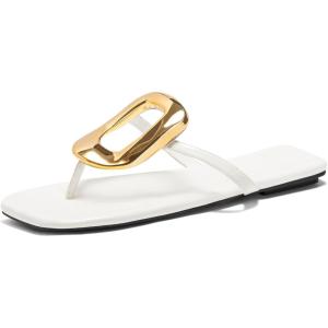 Coutgo Womens Flat Sandals Comfortable Flip Flops Slide Sandals Summer Beach Shoes with Metal Decoration(White)