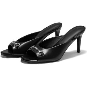 Coutgo Womens Heeled Mules Peep Toe High Heels Backless Dress Shoes Summer Slide Sandals with Metal Chain(Black)