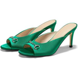 Coutgo Womens Heeled Mules Peep Toe High Heels Backless Dress Shoes Summer Slide Sandals with Metal Chain(Green)