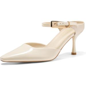 Coutgo Womens High Heels Mules Closed Pointed Toe Kitten Heel Pumps Ankle Buckle Strap Slip On Backless Dress Shoes(Beige)