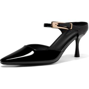 Coutgo Womens High Heels Mules Closed Pointed Toe Kitten Heel Pumps Ankle Buckle Strap Slip On Backless Dress Shoes(Black)