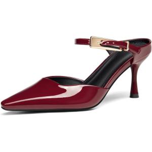 Coutgo Womens High Heels Mules Closed Pointed Toe Kitten Heel Pumps Ankle Buckle Strap Slip On Backless Dress Shoes(Burgundy)