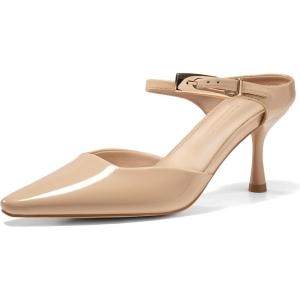 Coutgo Womens High Heels Mules Closed Pointed Toe Kitten Heel Pumps Ankle Buckle Strap Slip On Backless Dress Shoes(Khaki)