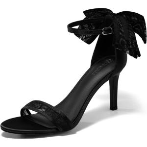 Coutgo Womens High Heels Sandals Lace Bow Tie Back Open Toe Ankle Strap Sexy Stiletto Wedding Party Dress Shoes(Black)