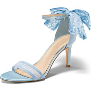 Coutgo Womens High Heels Sandals Lace Bow Tie Back Open Toe Ankle Strap Sexy Stiletto Wedding Party Dress Shoes(Light Blue)