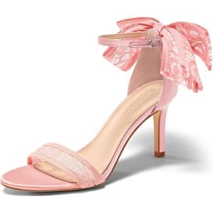 Coutgo Womens High Heels Sandals Lace Bow Tie Back Open Toe Ankle Strap Sexy Stiletto Wedding Party Dress Shoes(Pink)