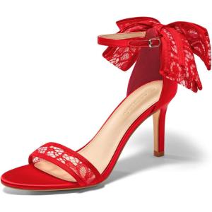 Coutgo Womens High Heels Sandals Lace Bow Tie Back Open Toe Ankle Strap Sexy Stiletto Wedding Party Dress Shoes(Red)