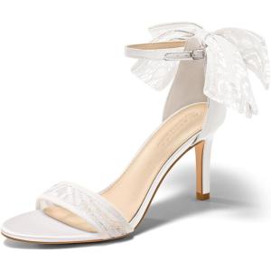 Coutgo Womens High Heels Sandals Lace Bow Tie Back Open Toe Ankle Strap Sexy Stiletto Wedding Party Dress Shoes(White)