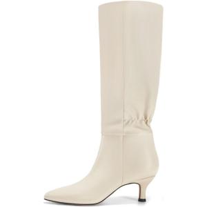 Coutgo Womens Kitten Heel Knee High Boots Pointed Toe Tall Boots Pull On Winter Dress Long Boot Shoes(Beige)