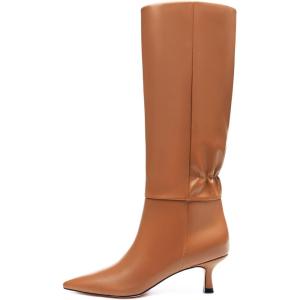 Coutgo Womens Kitten Heel Knee High Boots Pointed Toe Tall Boots Pull On Winter Dress Long Boot Shoes(Brown)