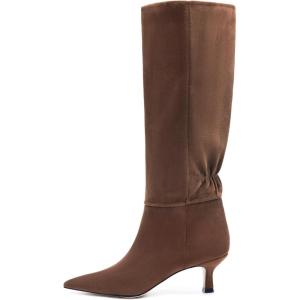 Coutgo Womens Kitten Heel Knee High Boots Pointed Toe Tall Boots Pull On Winter Dress Long Boot Shoes(Dark Brown（suede）)