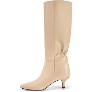 Coutgo Womens Kitten Heel Knee High Boots Pointed Toe Tall Boots Pull On Winter Dress Long Boot Shoes(Khaki)