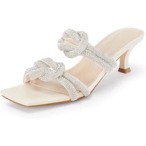 Coutgo Womens Kitten Heel Sandals Mules Rhinestone Slip on Low Heels Open Square Toe Dressy Summer Wedding Party Shoes(Beige)