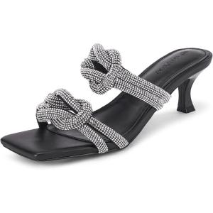 Coutgo Womens Kitten Heel Sandals Mules Rhinestone Slip on Low Heels Open Square Toe Dressy Summer Wedding Party Shoes(Black)
