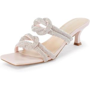 Coutgo Womens Kitten Heel Sandals Mules Rhinestone Slip on Low Heels Open Square Toe Dressy Summer Wedding Party Shoes(Nude)
